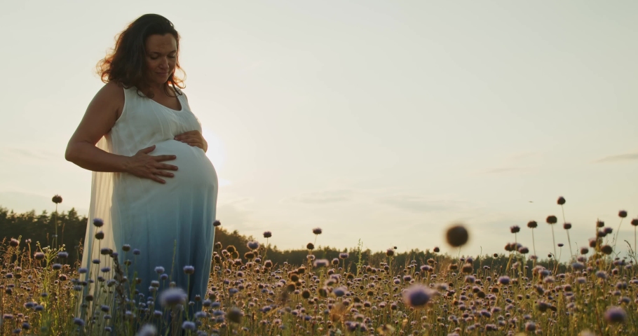 Pregnant woman with a big belly feeling happy outdoors. Adult expecting mother stroking belly on nature.  Middle age white pregnant woman touching her belly while sunset. Woman pregnancy concept. Royalty-Free Stock Footage #1076739281
