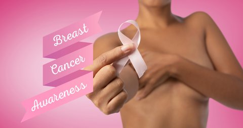 Animation of pink breast cancer text over women covering the breast. breast cancer positive awareness campaign concept digitally generated video.