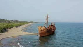 Aerial drone video of famous shipwreck of Dimitrios abandoned in Selinitsa bay near Gythio village, Peloponnese, Greece