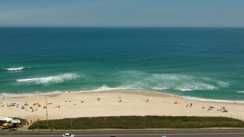 Aerial view of Praia da Reserva, Barra da Tijuca, Rio de Janeiro ( Reserve Beach ). Drone take. Sunny day.