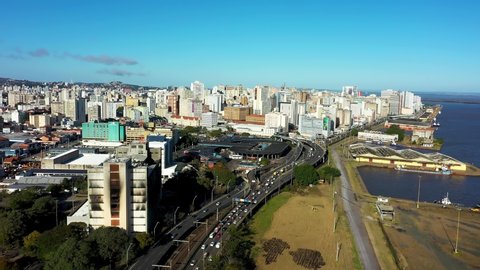 Porto Alegre, Brazil. Aerial view of landmark of brazilian city. Buildings at downtown city of Porto Alegre, capital city of Rio Grande do Sul, Brazil. City skyline at sunny day. Porto Alegre, Brazil.