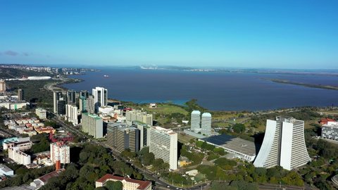 Porto Alegre, Brazil. Aerial view of city skyline landmark of brazilian coastal city. Buildings at downtown city of Porto Alegre, Rio Grande do Sul, Brazil. Panoramic view of Porto Alegre, Brazil