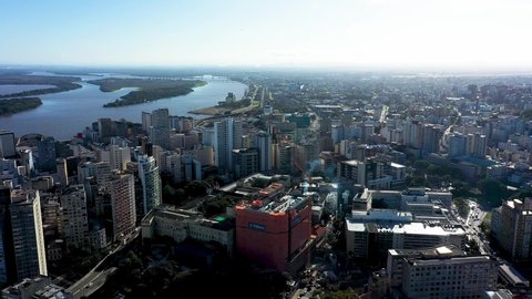 Porto Alegre, Rio Grande do Sul, Brazil - 07.27.2021 - Aerial view of landmark of brazilian city. Buildings at downtown city of Porto Alegre, Rio Grande do Sul, Brazil. Panoramic view of cityscape.