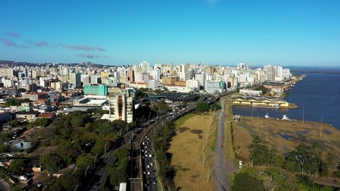 Porto Alegre, Rio Grande do Sul, Brazil - 07.27.2021 - Aerial view of landmark of brazilian city. Buildings at downtown city of Porto Alegre, Rio Grande do Sul, Brazil. City skyline. Skyline City.