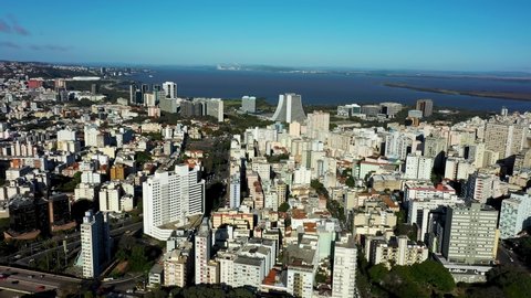 Porto Alegre, Rio Grande do Sul, Brazil - 07.27.2021 - Aerial view of landmark brazilian coast city. Buildings at downtown city of Porto Alegre, Rio Grande do Sul, Brazil. Downtown city Porto Alegre