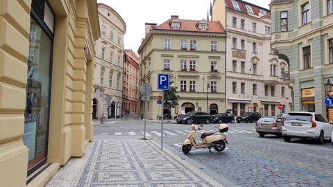 Prague, Czech Republic - JULY 11, 2021 : Beautiful building facade. Street and old building in Prague.