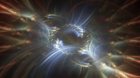 Transformation of abstract luminous and sparkling fractal particles on black background. Glowing coruscating elements changing place, emanating translucent rays, beams. 4K UHD 4096x2304