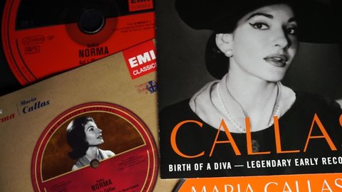 Rome, Italy - July 30, 2021, CD collection of some albums of the great opera singer Maria Callas. Birth of Diva - Legendary Early Recordings, Cavalleria Rusticana, Pagliacci and Norma.