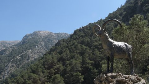 Alcaucin, Malaga  Spain - 03 23 2021: Statue in the mountains tribute to the Pyrenean Iberian goat, Alcaucin, Spain