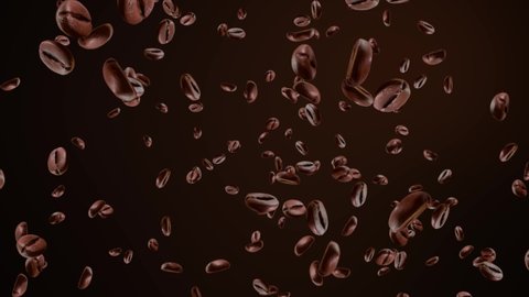 Coffee Beans Flying motion graphic coffee beans flying from down to up Loop Backgrounds. 4K 3D. Delicious robusta and aromatic coffee, an invigorating morning drink.