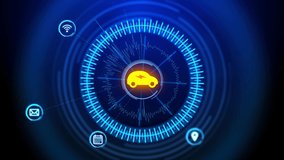 4K Animation Futuristic Car HUD Screen Electric car charging on charge station electro mobility environment friendly. car digital data analyzing and loading information process icons. - Powered by Shutterstock - Get 15% off with code: PIKWIZARD15