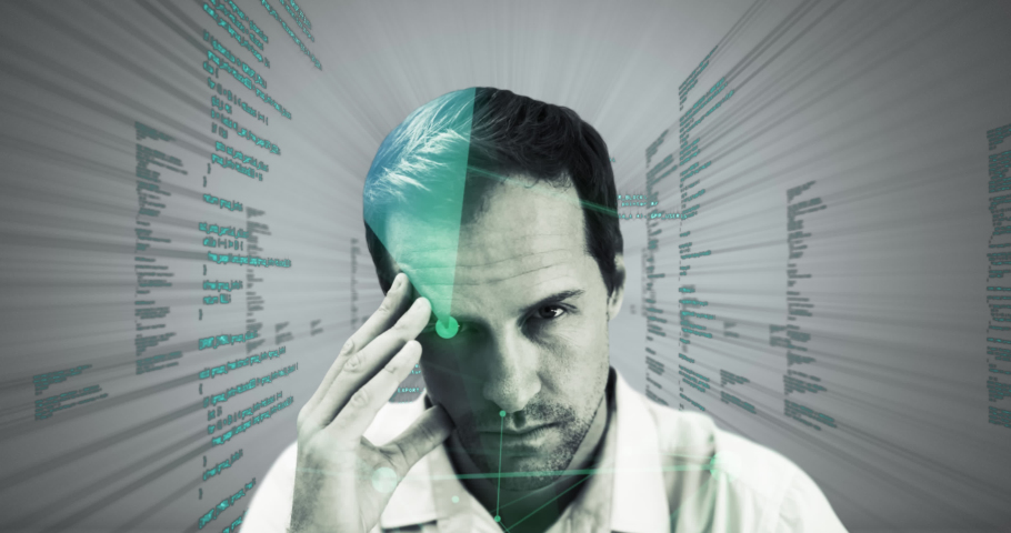 Animation of data processing over man looking at camera. digital interface, communication and technology concept digitally generated video.