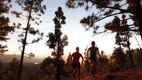 Running fitness and health . Runners on run training during fitness workout outside in mountain forest at sunset. People jogging together living healthy active lifestyle outside. Woman and man