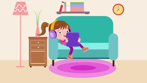 Cute little girl animation enjoying music and using digital tablet at home while sitting on the sofa. Cartoon in 4k resolution