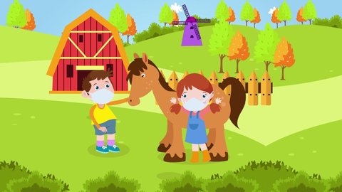 Two little kids animation wearing face mask while taking care a horse in the farm. Cartoon in 4k resolution