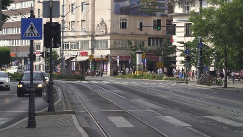 BUDAPEST, HUNGARY - CIRCA 2021: Car traffic in Karoly korut boulevard one of the major streets in downtown Budapest