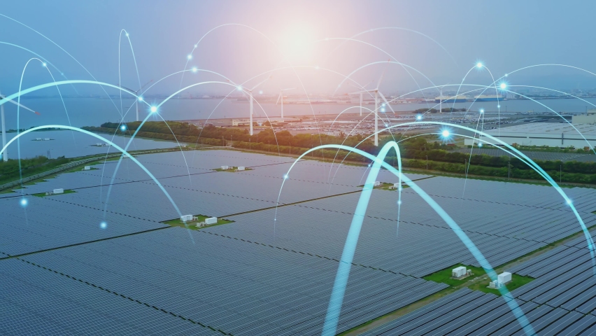 Solar power plant and communication network concept. Renewable energy. Smart grid. Sustainable resources. | Shutterstock HD Video #1076805038
