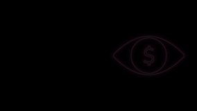 Glowing neon line Eye with dollar icon isolated on black background. 4K Video motion graphic animation.