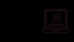 Glowing neon line Laptop with music note symbol on screen icon isolated on black background. 4K Video motion graphic animation.