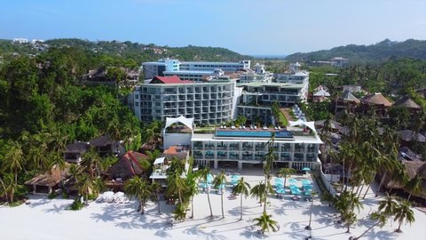 Philippines Boracay island luxury hotel on the white beach, tropical beach aerial view, coastline, summer and travel vacation concept, palm trees 