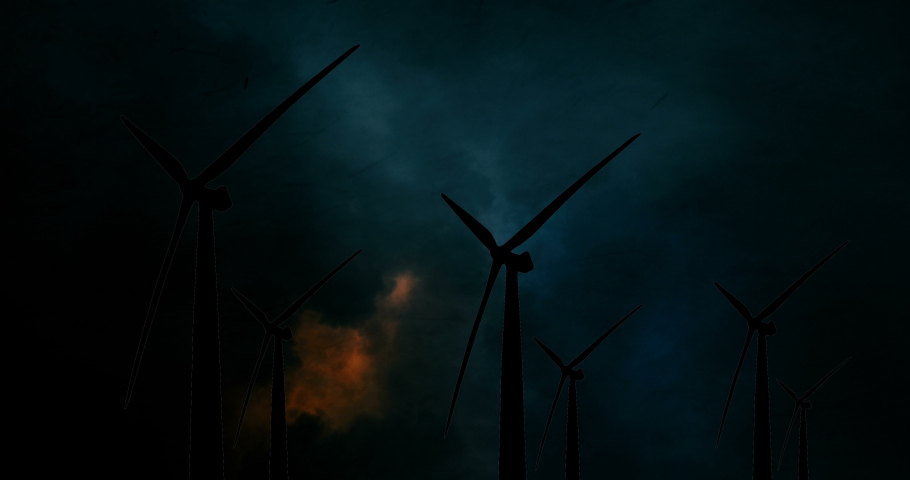 Wind Turbines In Eolic Park night storm with lightning bolt Royalty-Free Stock Footage #1076823887