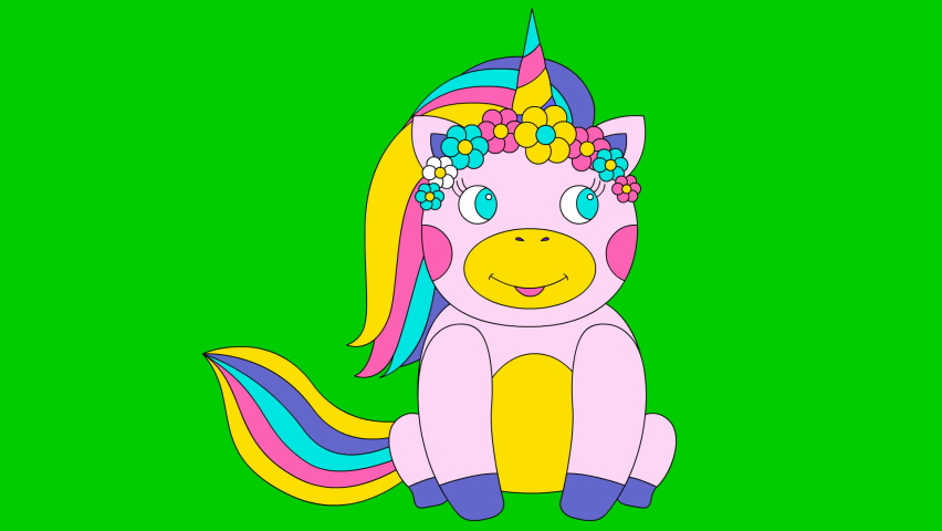 Animated funny rainbow unicorn sits. Looped video. Vector multicolored illustration isolated on a green background.
