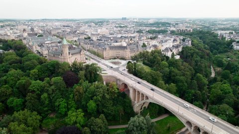 Luxembourg , Luxembourg - 07 22 2021: Aerial view of Adolphe Bridge in Luxembourg