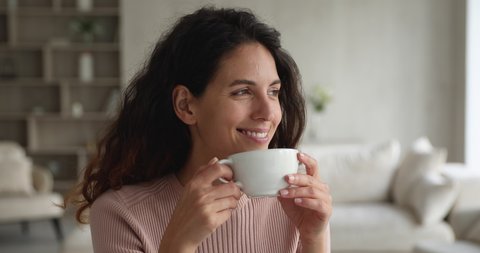 Happy pensive calm beautiful hispanic woman drinking cup of tea or coffee, daydreaming enjoying peaceful carefree morning time alone in living room, planning day or imagining future, resting indoors.