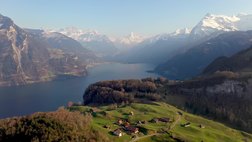 Dramatic aerial drone footage of the Seelisberg village by lake Lucerne in the alps in Switzerland. Shot with a rotation motion
 Royalty-Free Stock Footage #1076833487