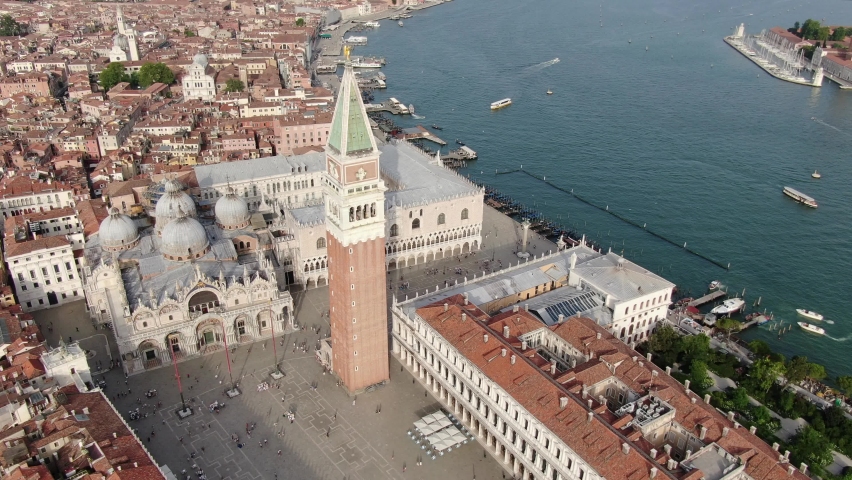 Drone flying over Piazza San Marco (St Mark Square) in Venice, Italy, Europe