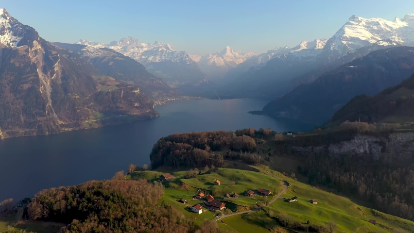 Dramatic aerial drone footage of the Seelisberg village by lake Lucerne in the alps in Switzerland
 Royalty-Free Stock Footage #1076837309