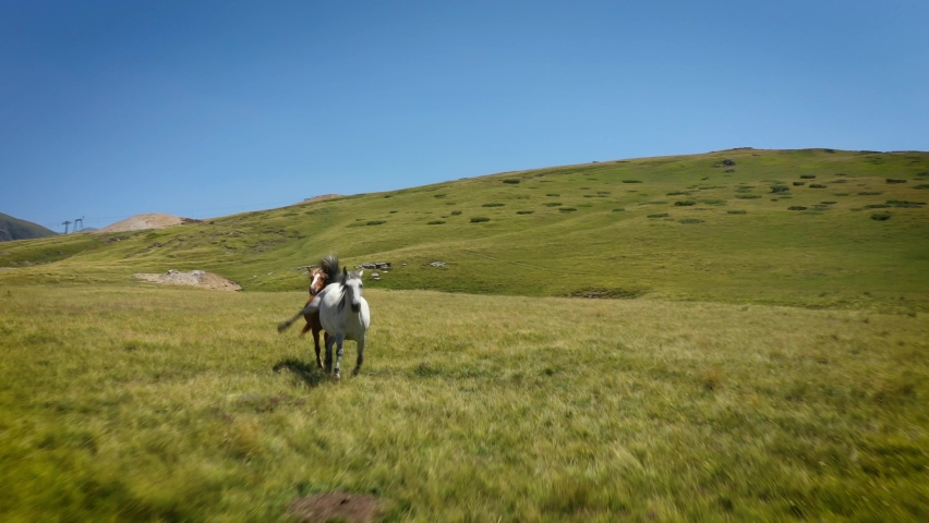 Aerial view of two wild horses running around the green landscape beautiful nature freedom national park Brod Kosovo Europe summer hot season drone picturesque rocky tourism hiking blue sky outdoor