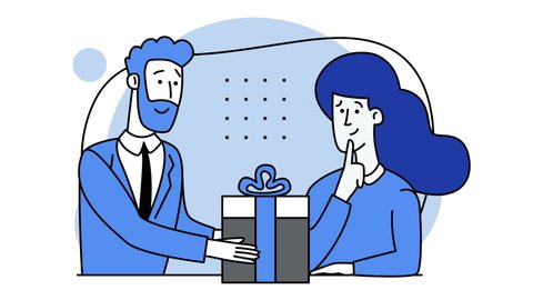 Man holds box in his hands and gives a gift to a woman. Girl waiting for a gift. Guy makes the girl a surprise. An unexpected gift. Work reward. Box with bow. Blue colors. Looped video. 2d animation.