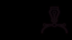 Glowing neon line Fountain pen nib icon isolated on black background. Pen tool sign. 4K Video motion graphic animation.
