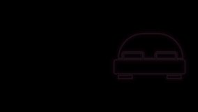 Glowing neon line Big bed for two or one person icon isolated on black background. 4K Video motion graphic animation.