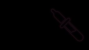 Glowing neon line Pipette icon isolated on black background. Element of medical, chemistry lab equipment. Medicine symbol. 4K Video motion graphic animation.