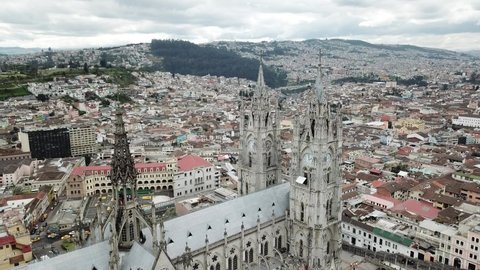 Dlog Flat Drone aerial view of Basilica Del Voto Nacional in Quito Equador, cathedral