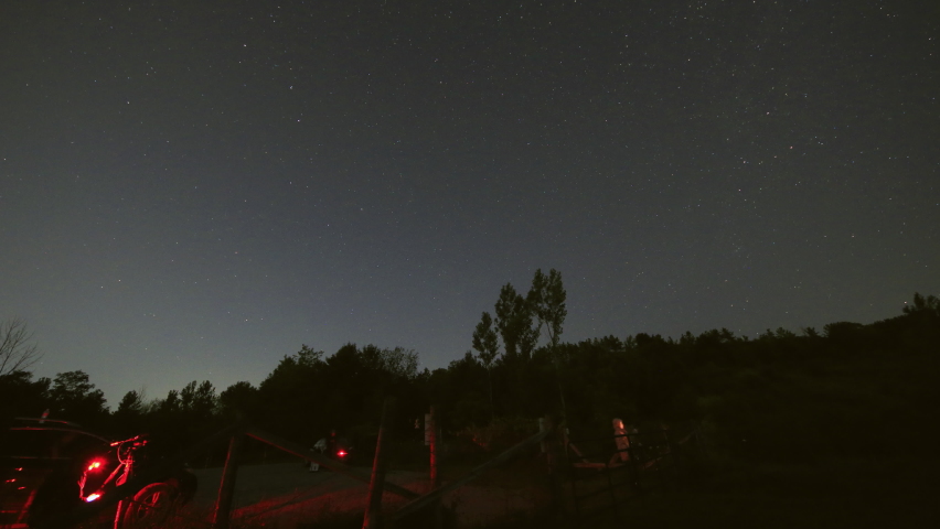 Star watchers (unrecognizable people) observe starry sky and operate their astronomical gears with vision protection red lights in Glen Major Forest at night. Clouds emerge at the end.