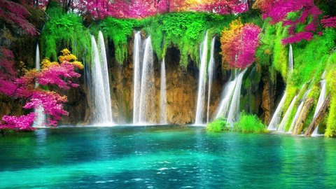Cinemagraph video of waterfall in Plitvice Lakes Croatia, fantasy foliage color . Tranquil nature scenery for relaxation landscape background .