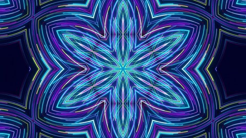 flow of lines form kaleidoscope pattern. 3d abstract bg with glow particles form blue red lines, lines form structure like kaleidoscopic effect. Motion design bg multicolor particles