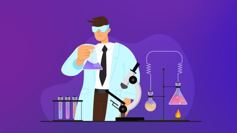 2d animation chemical laboratory experiment. modern design lab tubes, glassware, flasks with reagents. science research, chemistry, medicine concept. development, innovation, vaccine. motion design