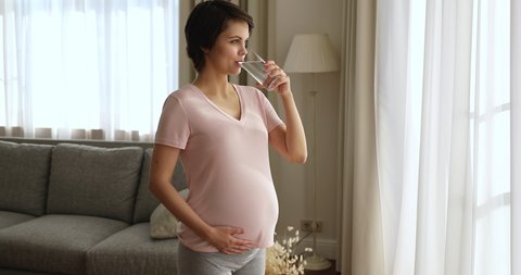 Happy peaceful attractive young pregnant woman drinking glass of fresh pure mineral water, preventing dehydration enjoying daily healthcare habit, stroking big belly, healthy pregnancy concept.