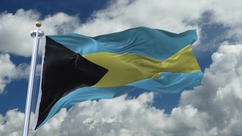 4k looping flag of Bahamas with flagpole waving in wind,timelapse rolling clouds background.A fully digital rendering. 