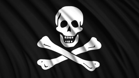 Skull and Crossbones. Pirate flag. Silk fabric blowing in the wind. Large 4K video animation. 3D render. 
