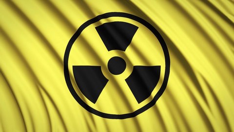 Warning yellow flag with radiation sign. Smooth waves of fabric. 4K video. 3D render.