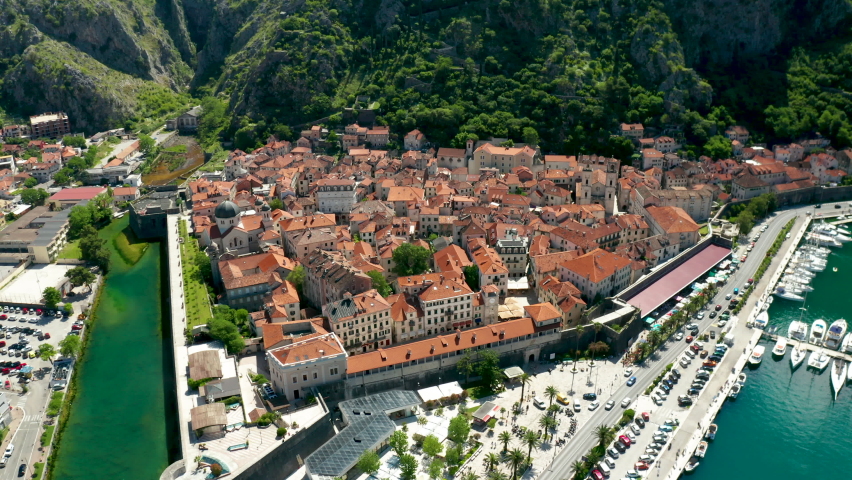 Aerial view of the old town in Kotor, Montenegro