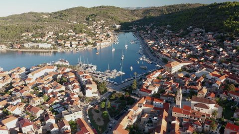 Aerial view of Vela Luka town on Korcula island, Croatia