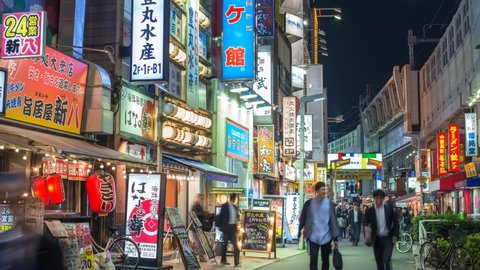 Tokyo, Japan - October 26, 2017 : Tokyo Japan time lapse 4K, night timelapse of tourist walking at Ameyoko Market near Ueno Station
