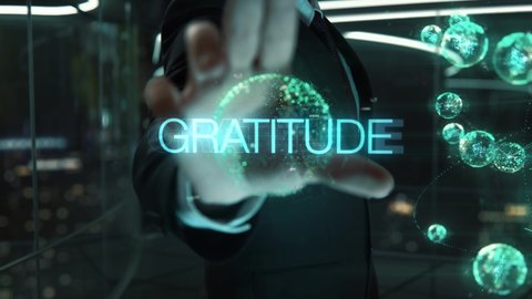 Businessman with Gratitude hologram concept