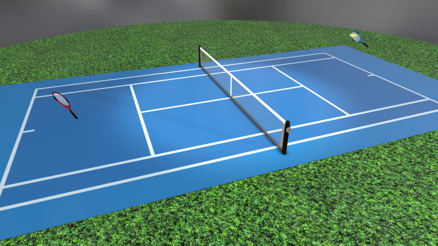 3D animation of tennis game. Animated rackets hit the ball back and forth across a photorealistic tennis court.  Seamless CGI loop of virtual reality tennis sport game. Royalty-Free Stock Footage #1076864378